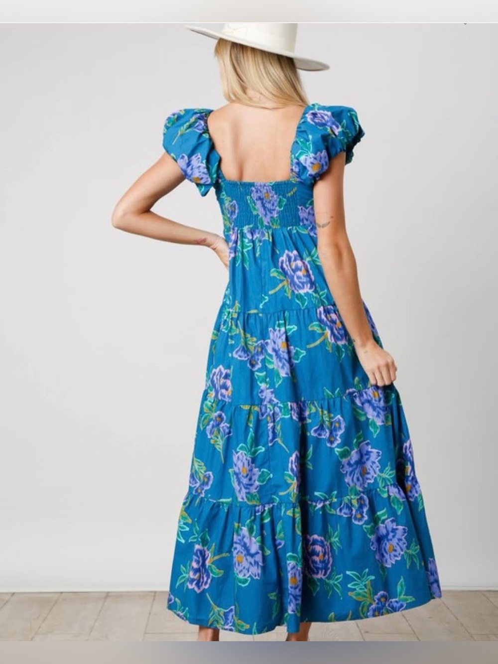 Peach Love Teal Tiered Maxi Dress with Puff Sleeves in Purple Floral, Small - Picture 4 of 11